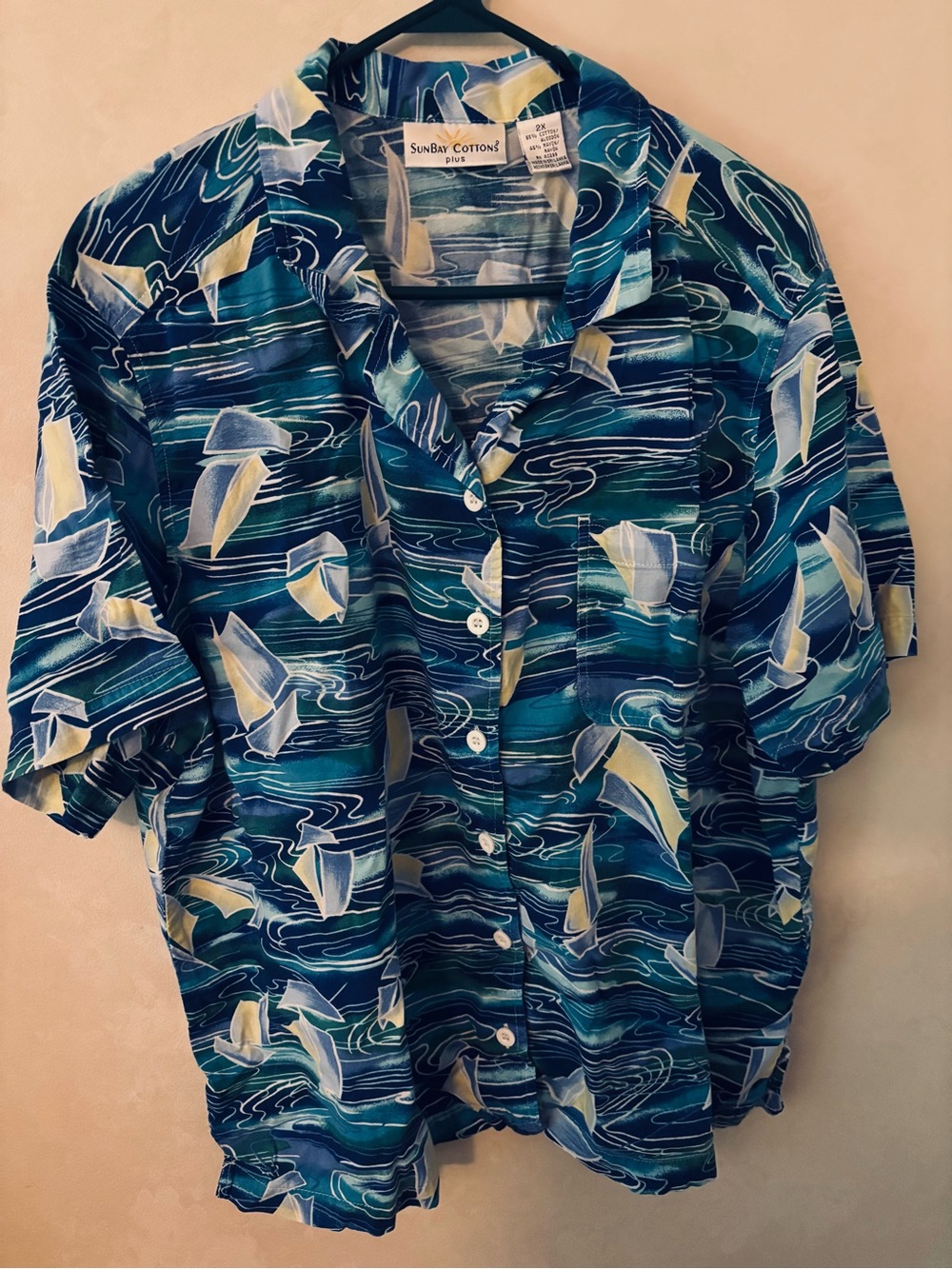 SunBay Cottons Plus, Sailboat Button Front Shirt, 2X